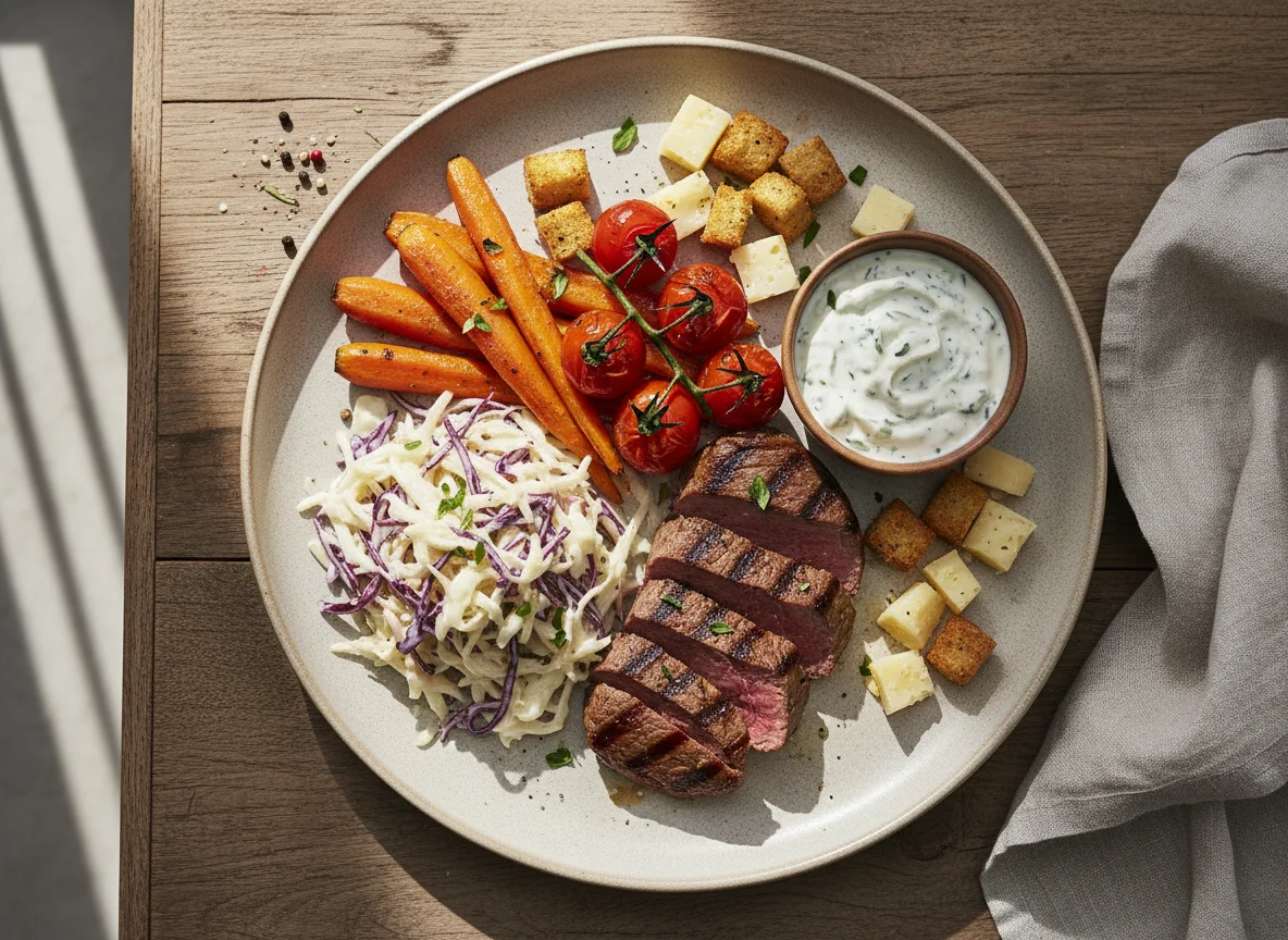 Gegrilltes Fleisch mit Gemüse und Dip photo