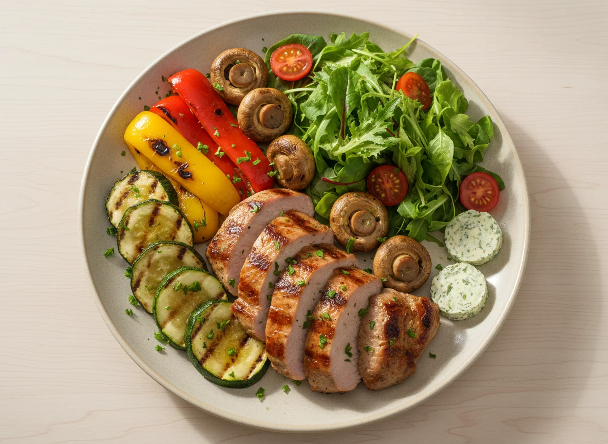 Gegrilltes Fleisch mit Gemüse und Salat photo