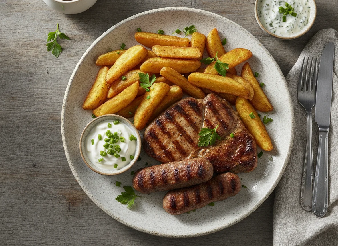 Gegrilltes Fleisch mit Kartoffelspalten photo