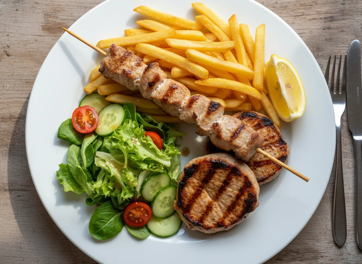Gegrilltes Fleisch mit Pommes und Beilagensalat photo