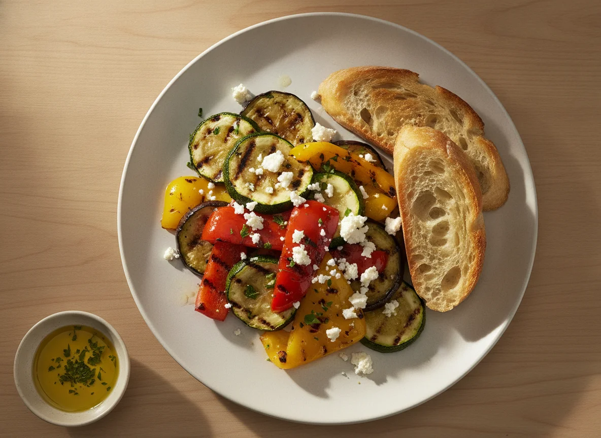 Gegrilltes Gemüse mit Baguette und Feta photo