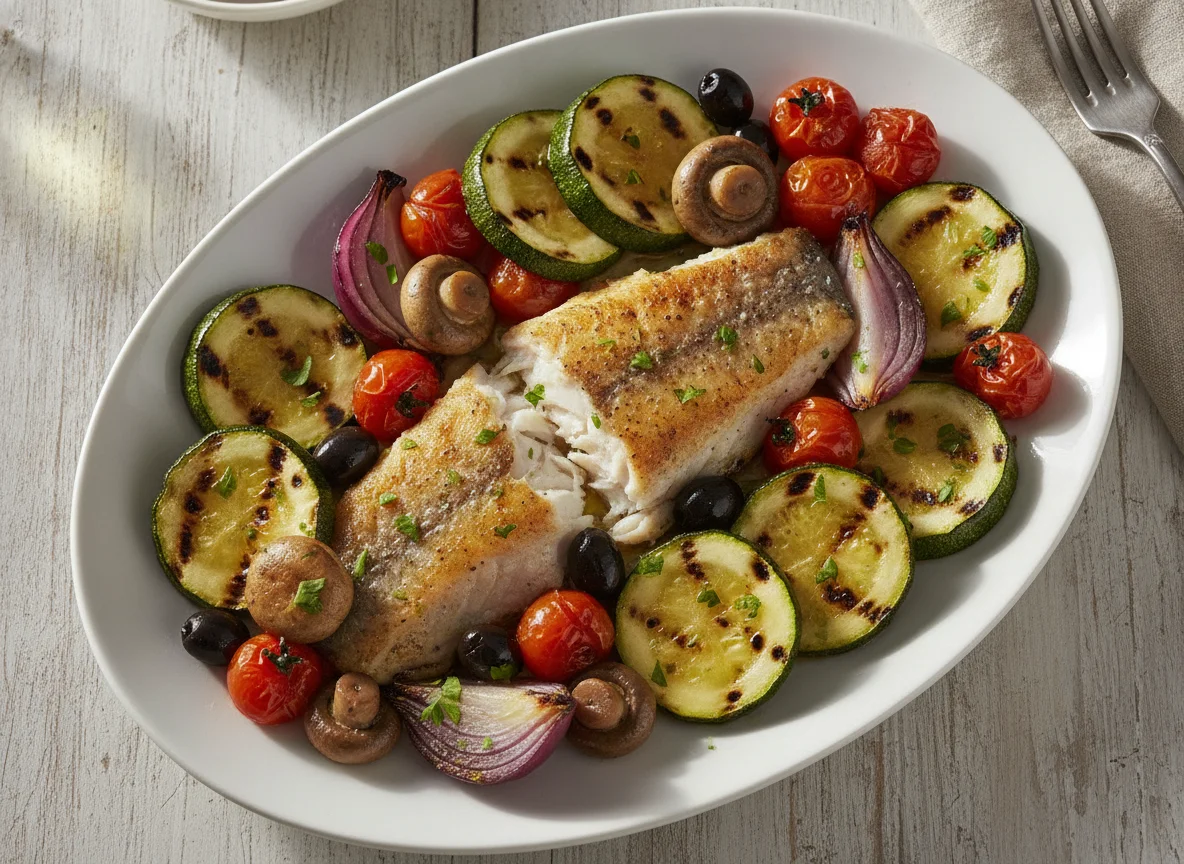 Gegrilltes Gemüse mit Fisch photo