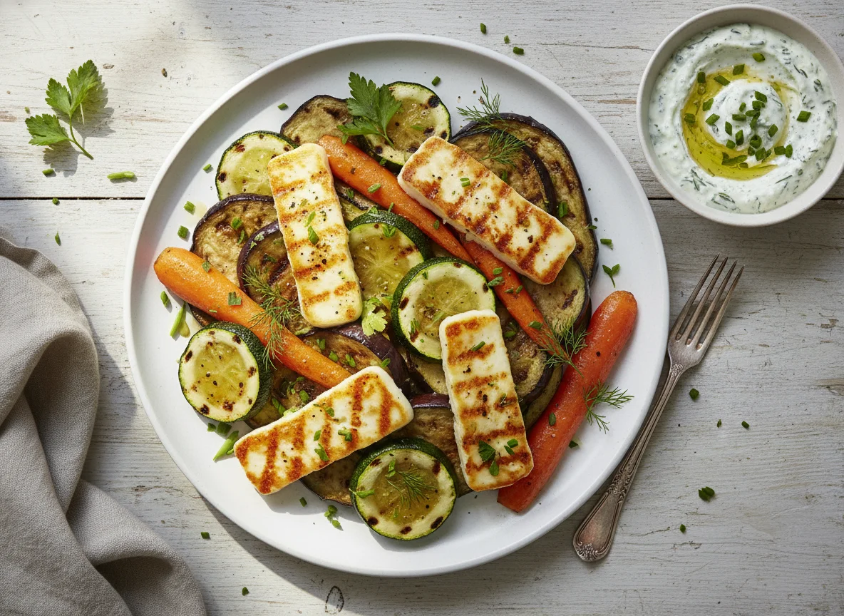 Gegrilltes Gemüse mit Halloumi und Dip photo