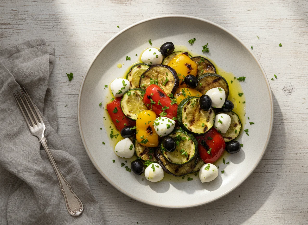 Gegrilltes Gemüse mit Mozzarella und Oliven photo