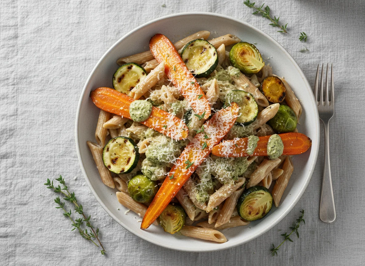 Gegrilltes Gemüse mit Penne und cremiger Sauce photo