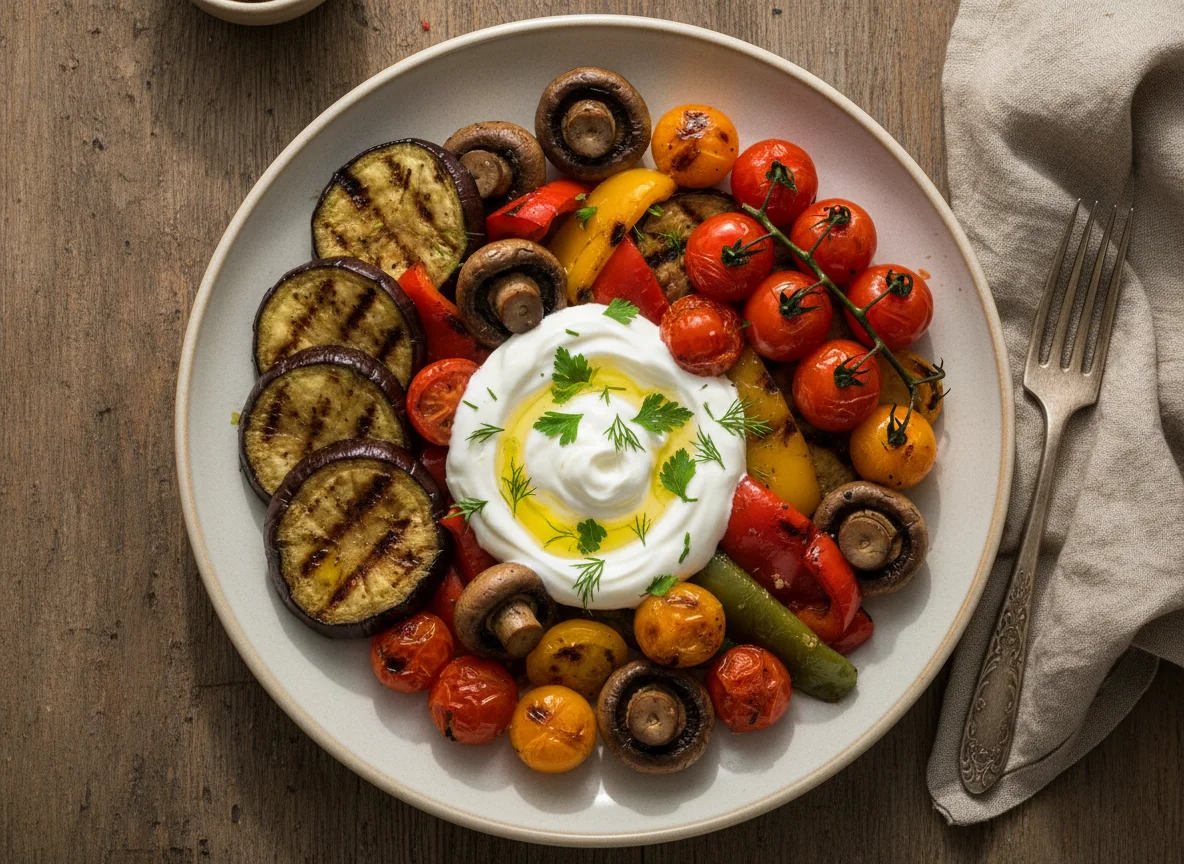 Gegrilltes Gemüse mit Pilzen und Joghurt photo