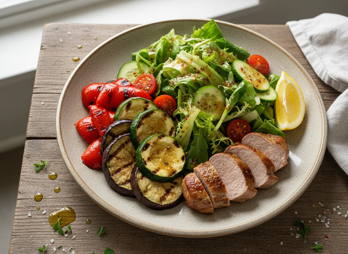 Gegrilltes Gemüse mit Salat und Fleisch photo