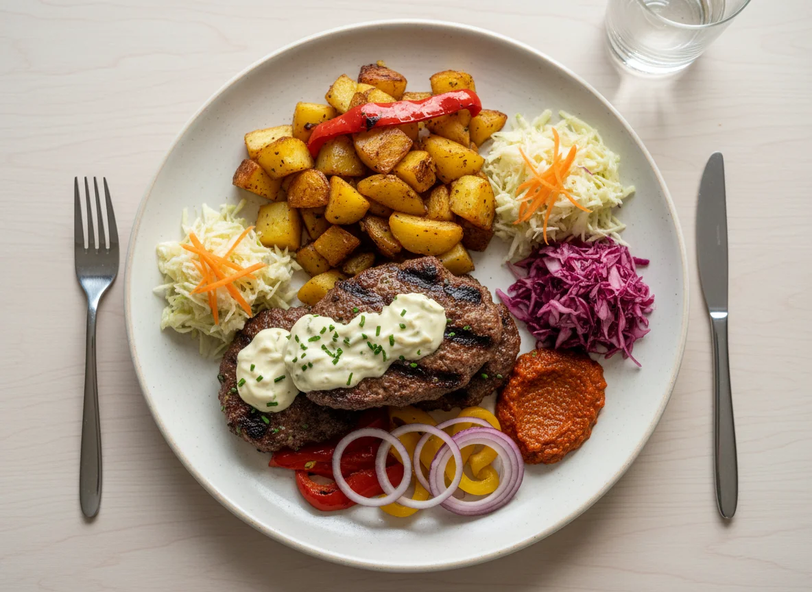 Gegrilltes Hacksteak mit Beilagen photo