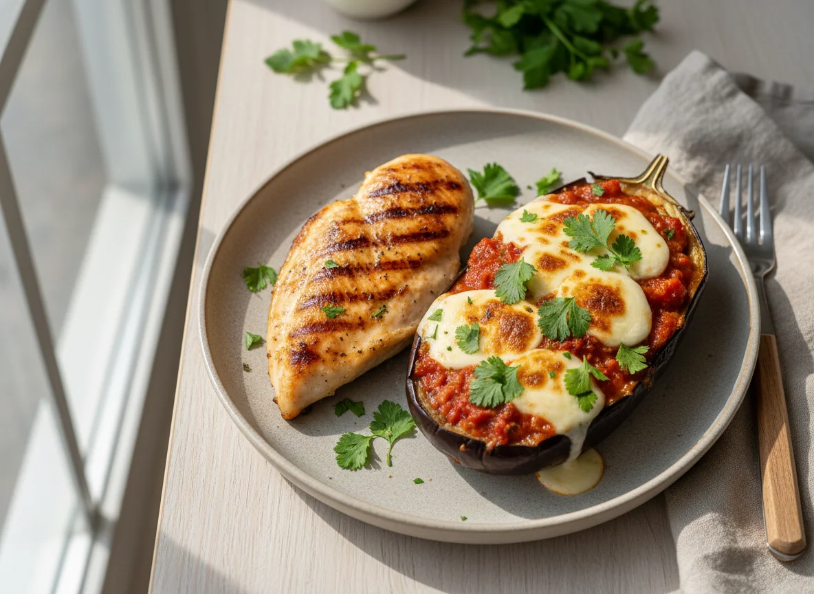 Gegrilltes Hähnchen mit gefüllter Aubergine photo