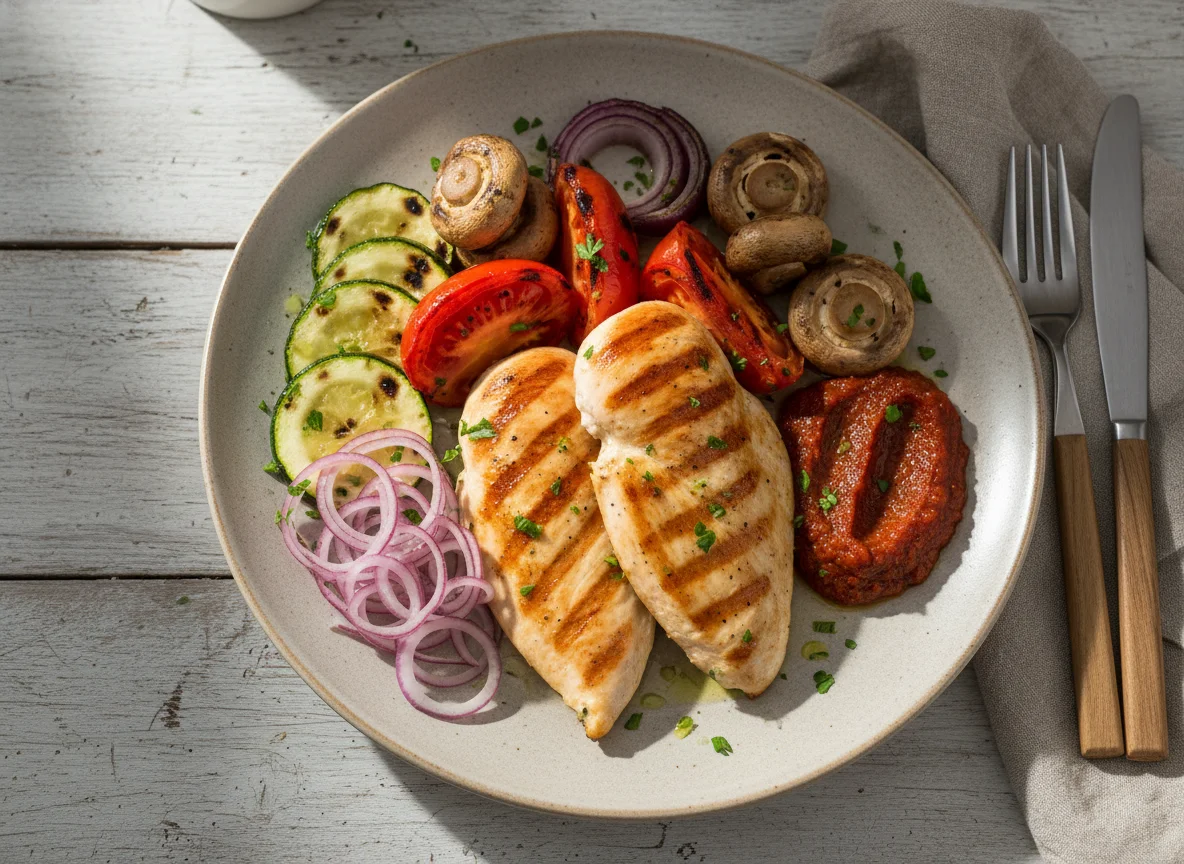 Gegrilltes Hähnchen mit Gemüse und Ajvar photo
