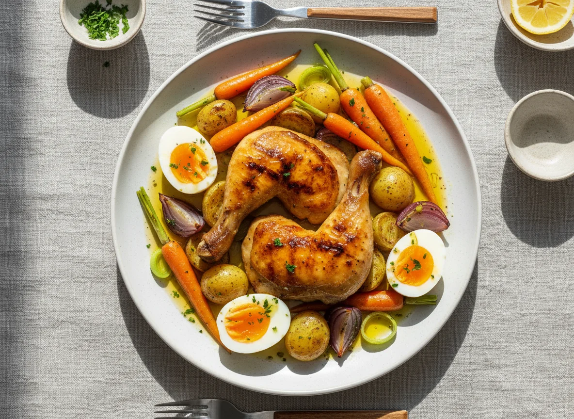 Gegrilltes Hähnchen mit Gemüse und Eiern photo