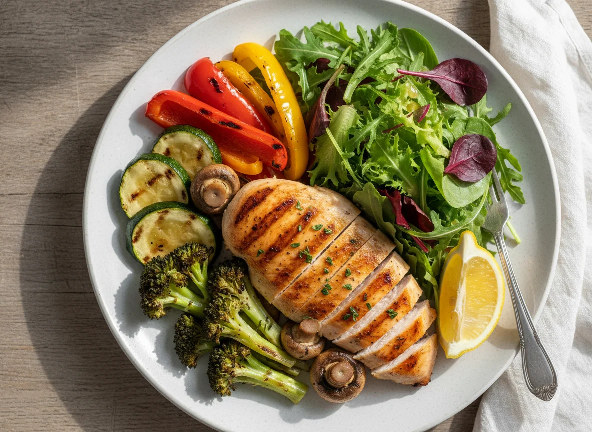 Gegrilltes Hähnchen mit Gemüse und Salat photo