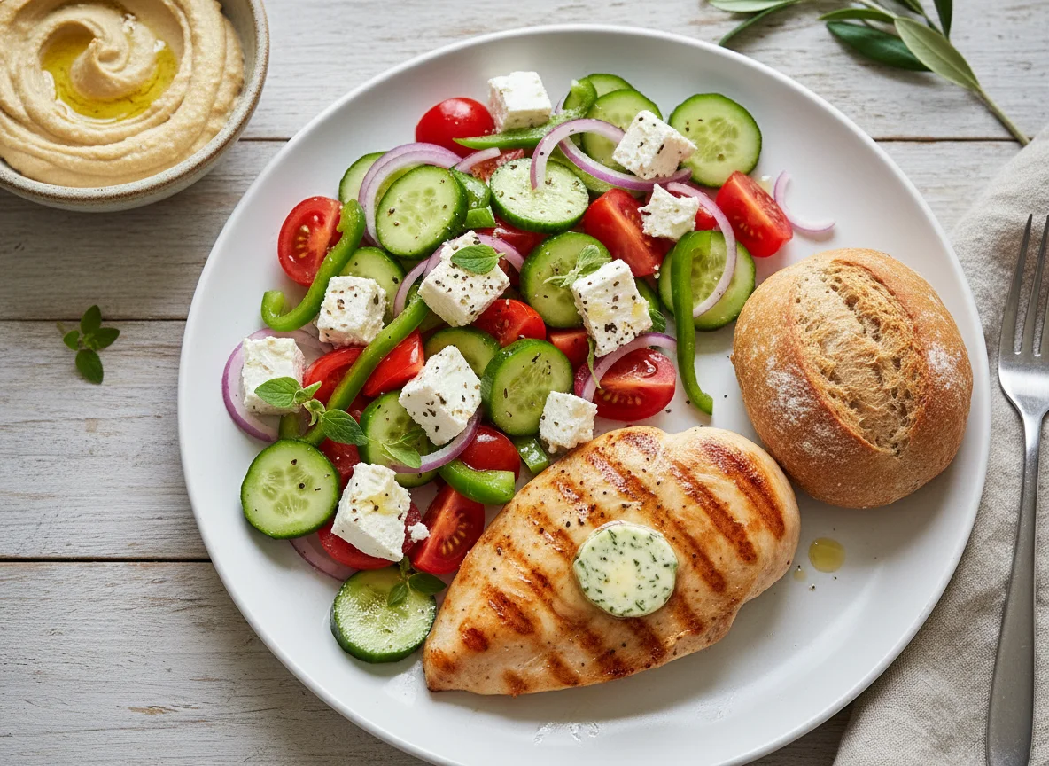 Gegrilltes Hähnchen mit griechischem Salat und Brot photo