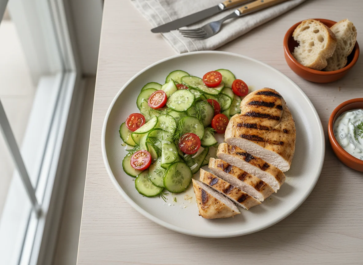 Gegrilltes Hähnchen mit Gurken- und Tomatensalat photo