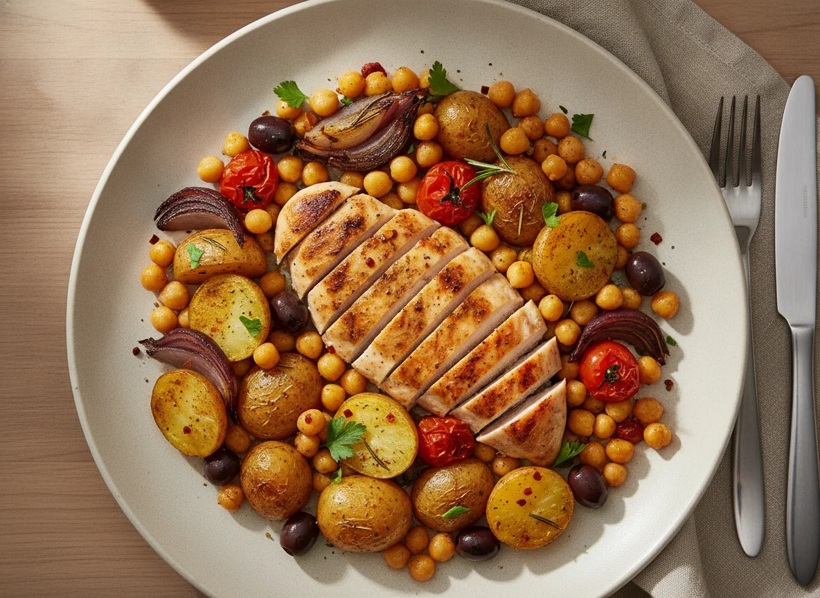 Gegrilltes Hähnchen mit Kichererbsen-Gemüse photo