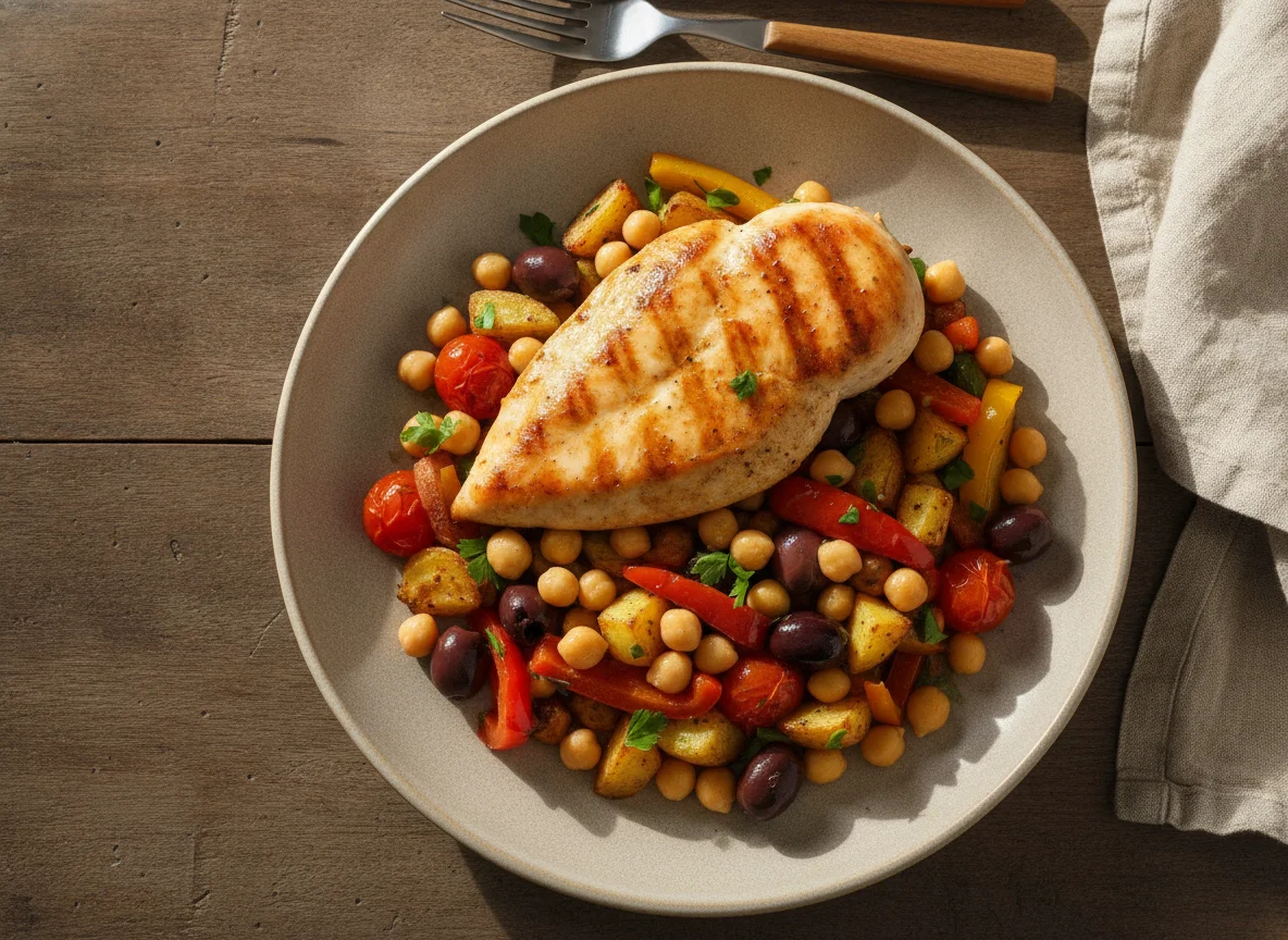 Gegrilltes Hähnchen mit Kichererbsen-Gemüsepfanne photo