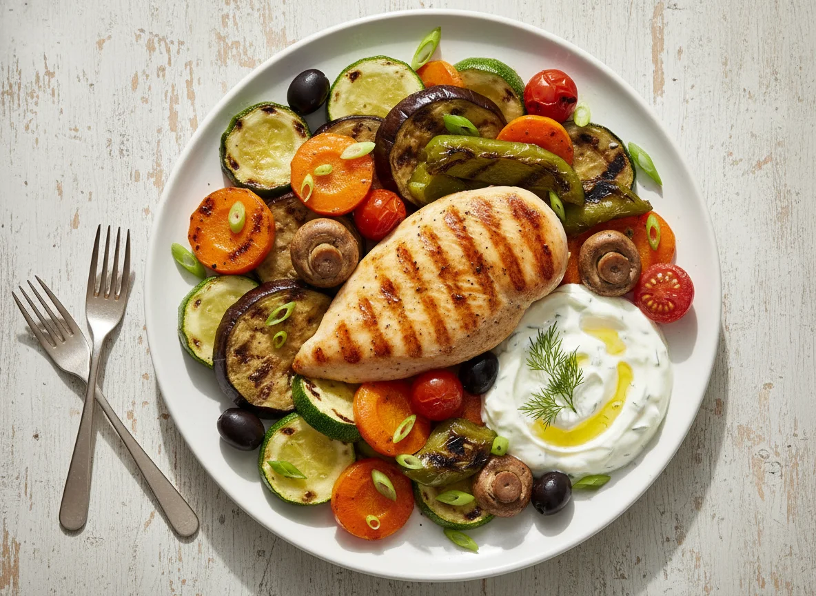 Gegrilltes Hähnchen mit mediterranem Gemüse und Tzatziki photo