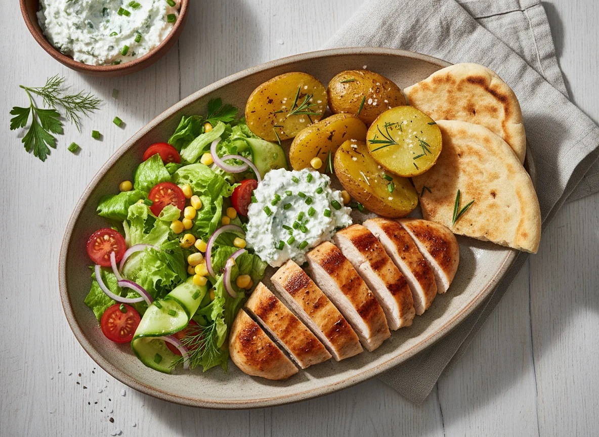 Gegrilltes Hähnchen mit Ofenkartoffel und Salat photo
