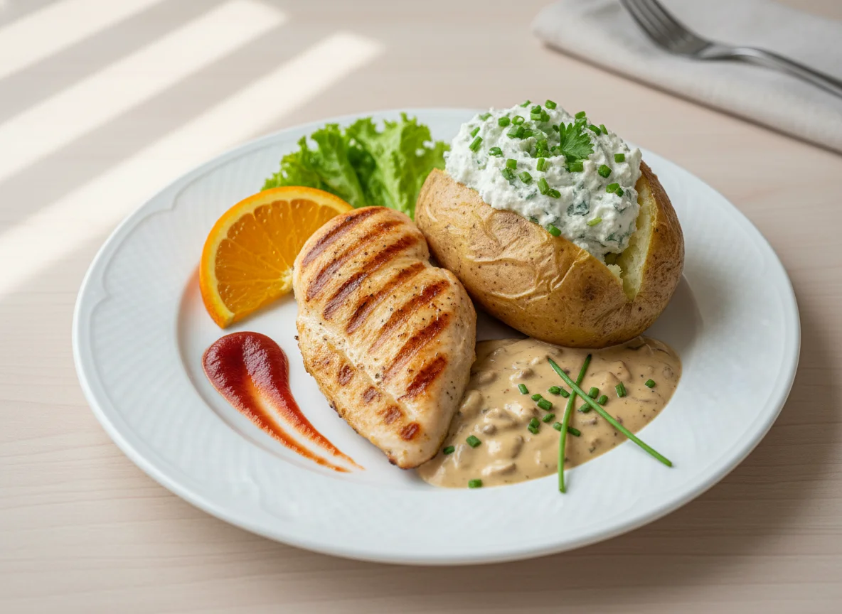Gegrilltes Hähnchen mit Ofenkartoffel und Sauce photo