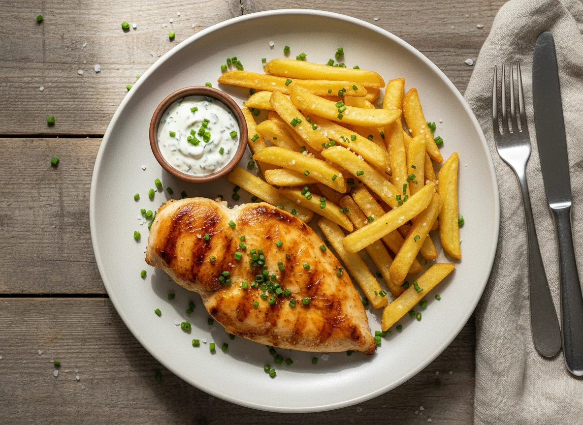 Gegrilltes Hähnchen mit Pommes Frites photo