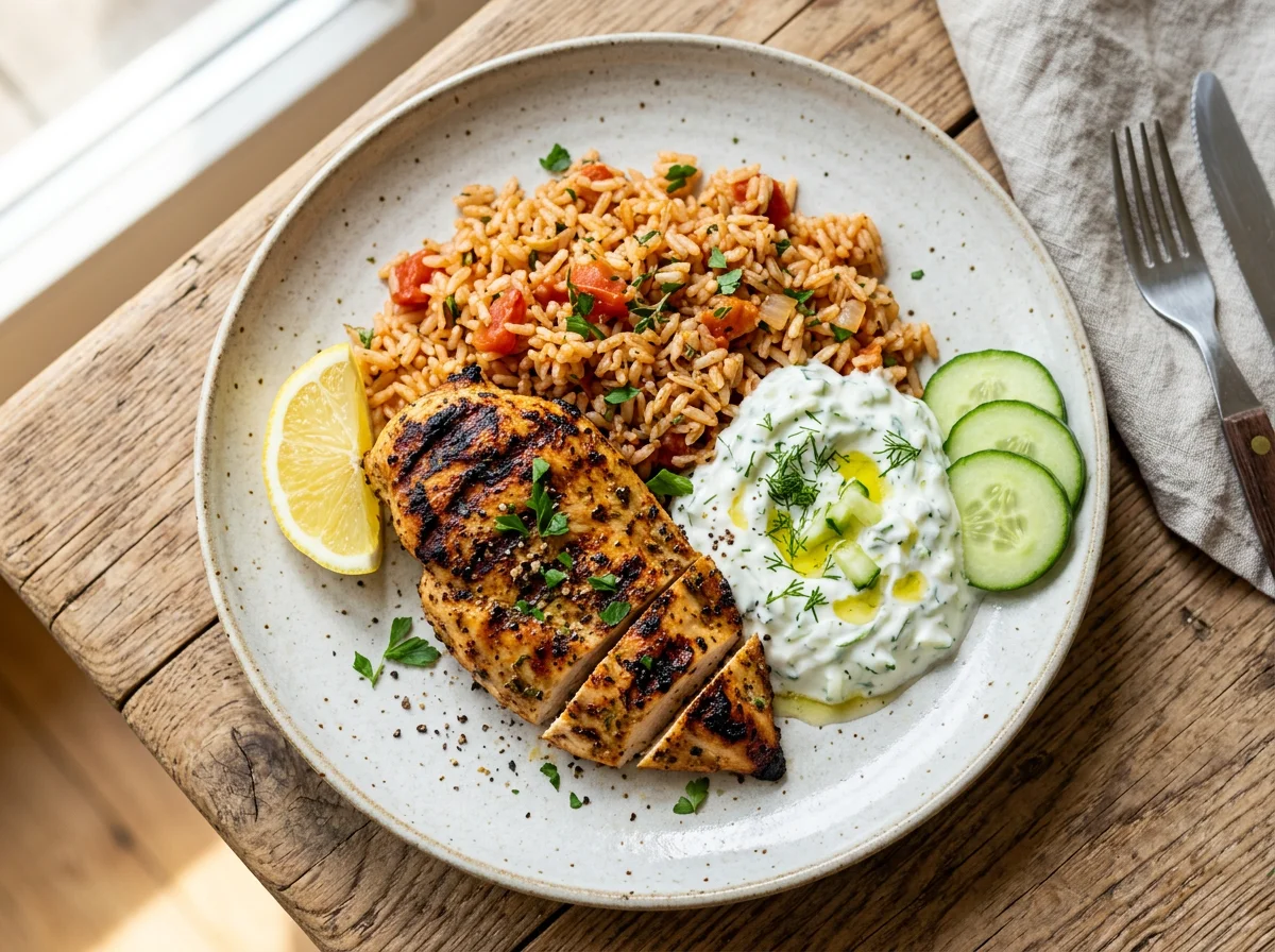 Gegrilltes Hähnchen mit Reis und Tzatziki photo