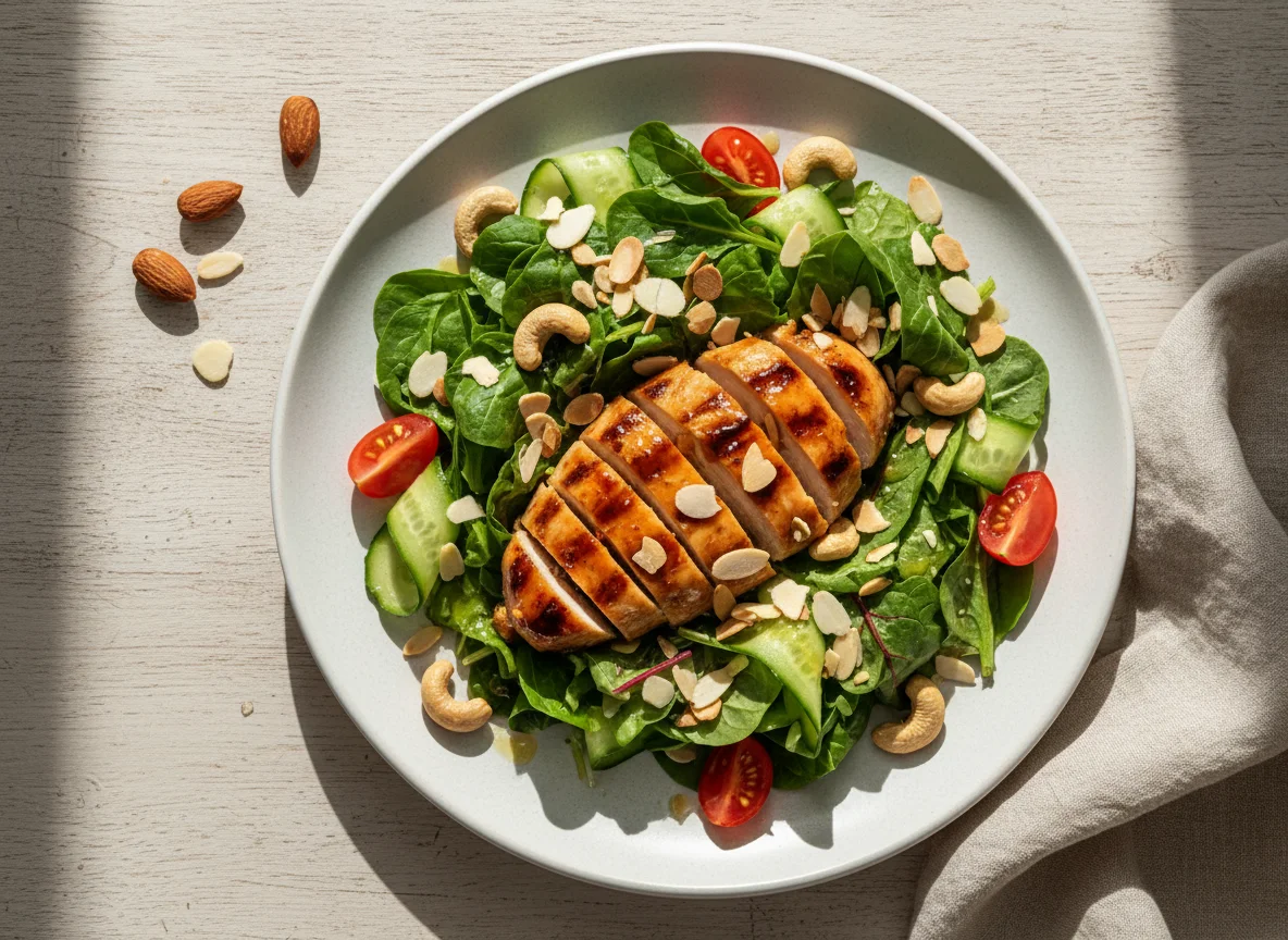 Gegrilltes Hähnchen mit Salat und Nüssen photo