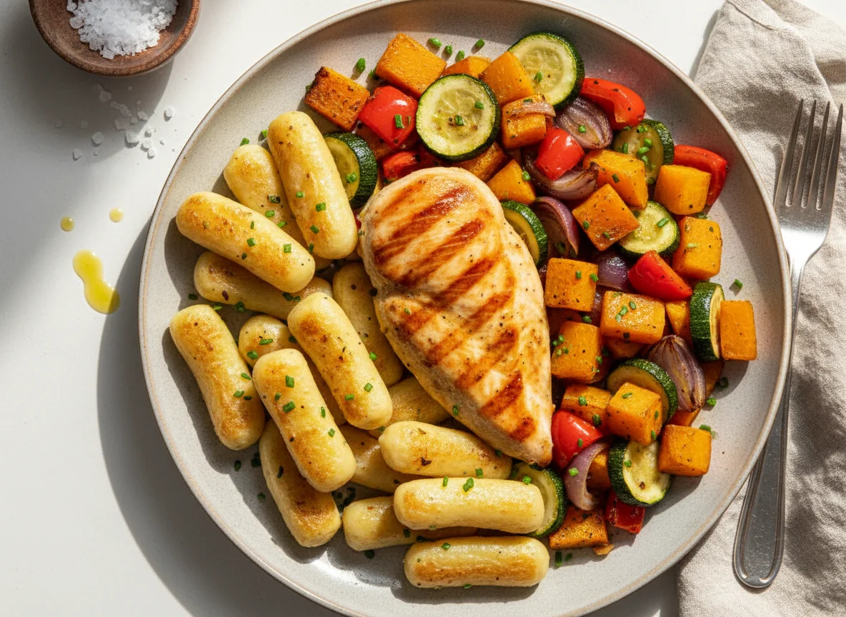Gegrilltes Hähnchen mit Schupfnudeln und Ofengemüse photo