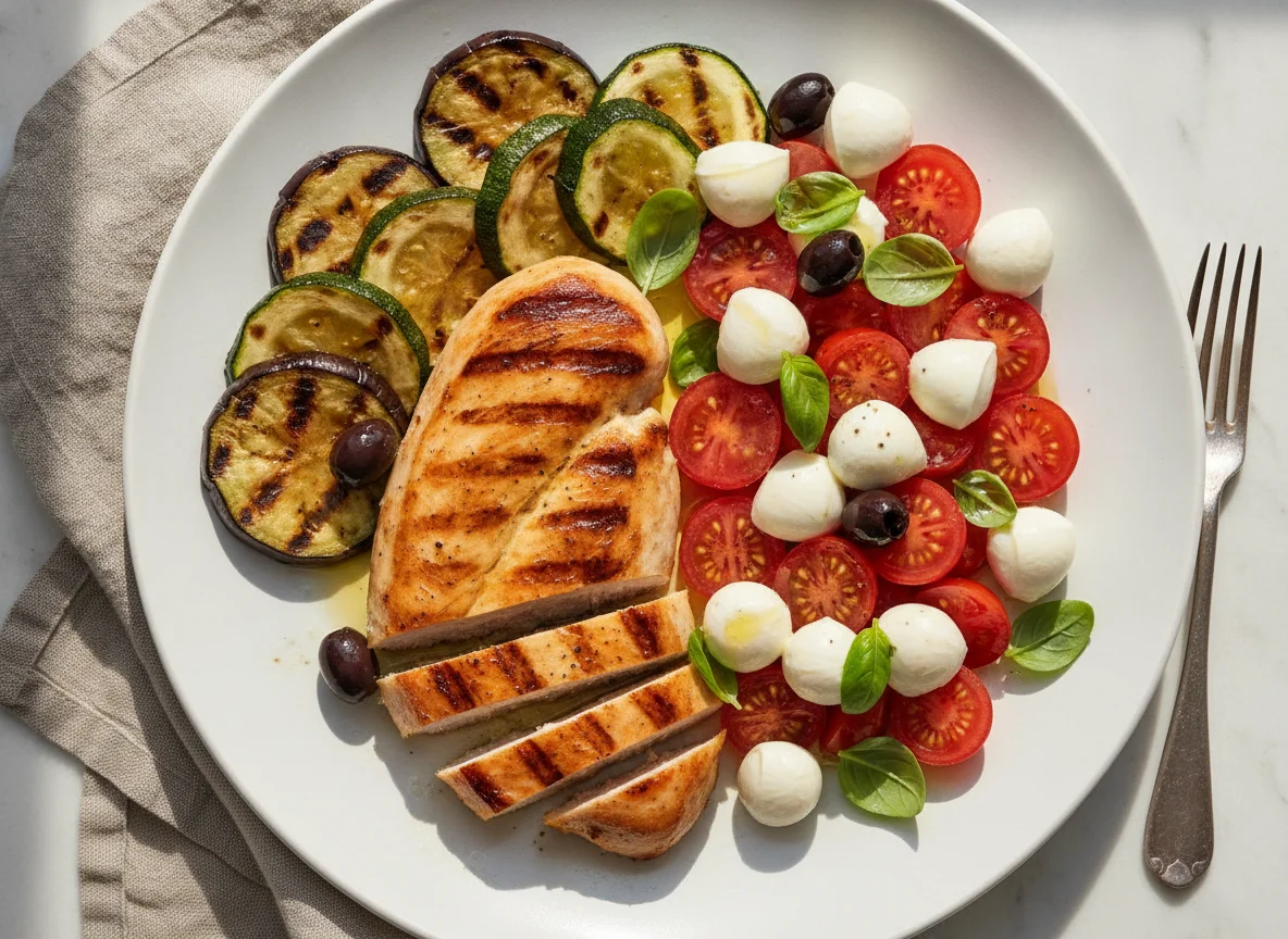 Gegrilltes Hähnchen mit Tomate-Mozzarella-Salat und Grillgemüse photo