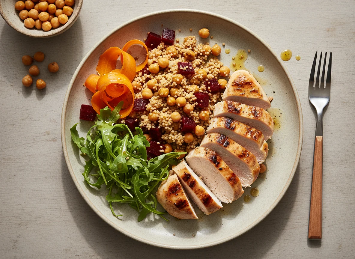 Gegrilltes Hähnchenbrustfilet mit Couscous und Salat photo
