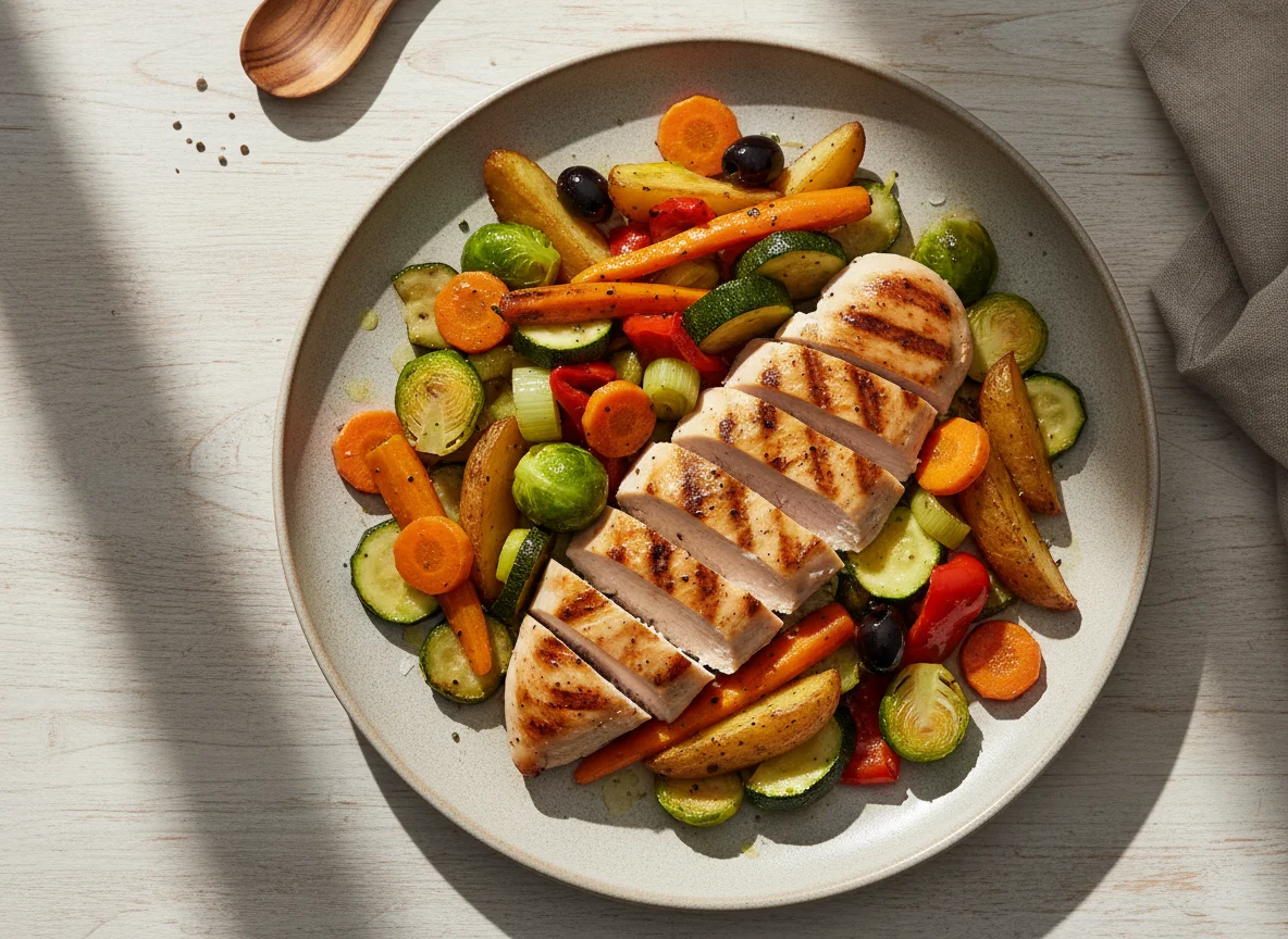Gegrilltes Hähnchenbrustfilet mit mediterranem Gemüse photo