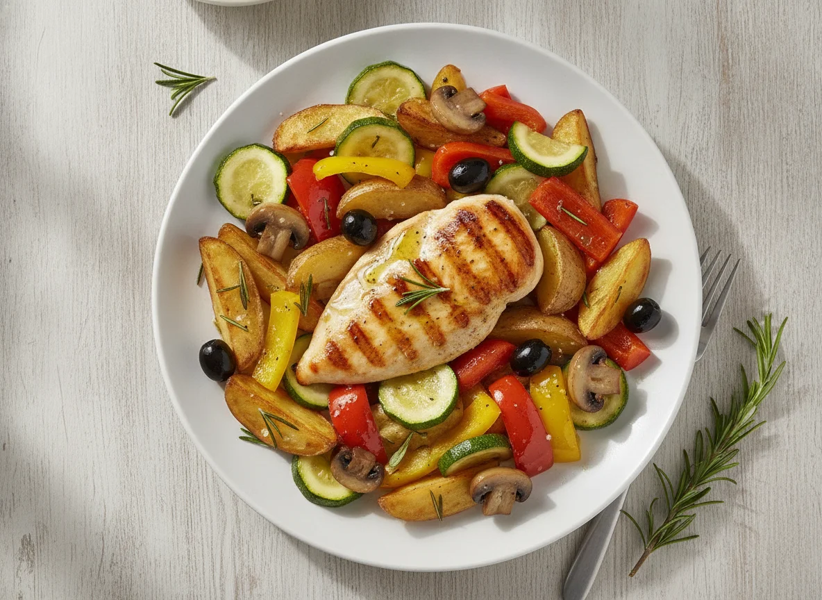 Gegrilltes Hähnchenbrustfilet mit Rosmarinkartoffeln und Gemüse photo