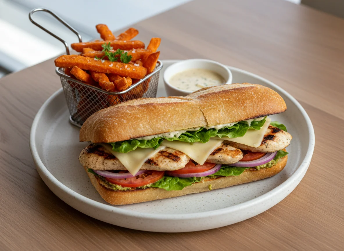 Gegrilltes Hähnchen-Sandwich mit Beilage photo