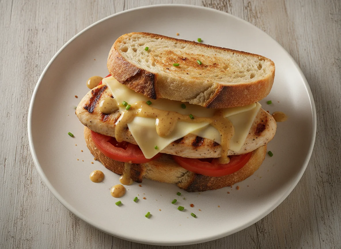 Gegrilltes Hähnchen-Sandwich mit Tomaten und Honig-Senf-Sauce photo