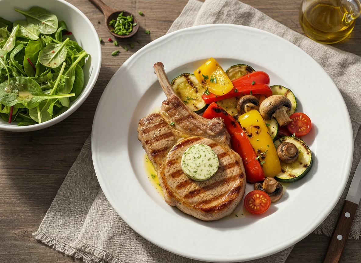 Gegrilltes Kalbskotelett mit Gemüse und Salat photo