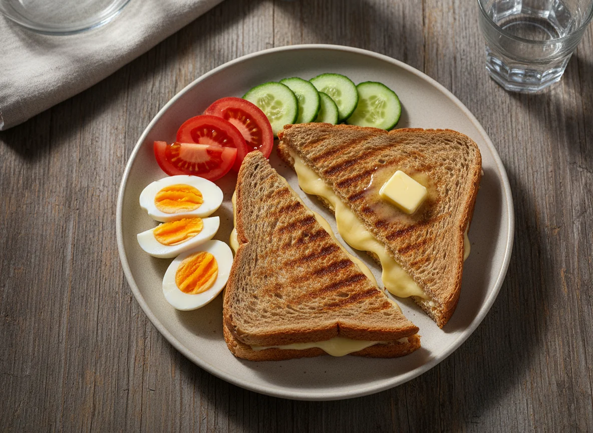 Gegrilltes Käsesandwich mit gekochten Eiern, Tomaten und Gurken photo