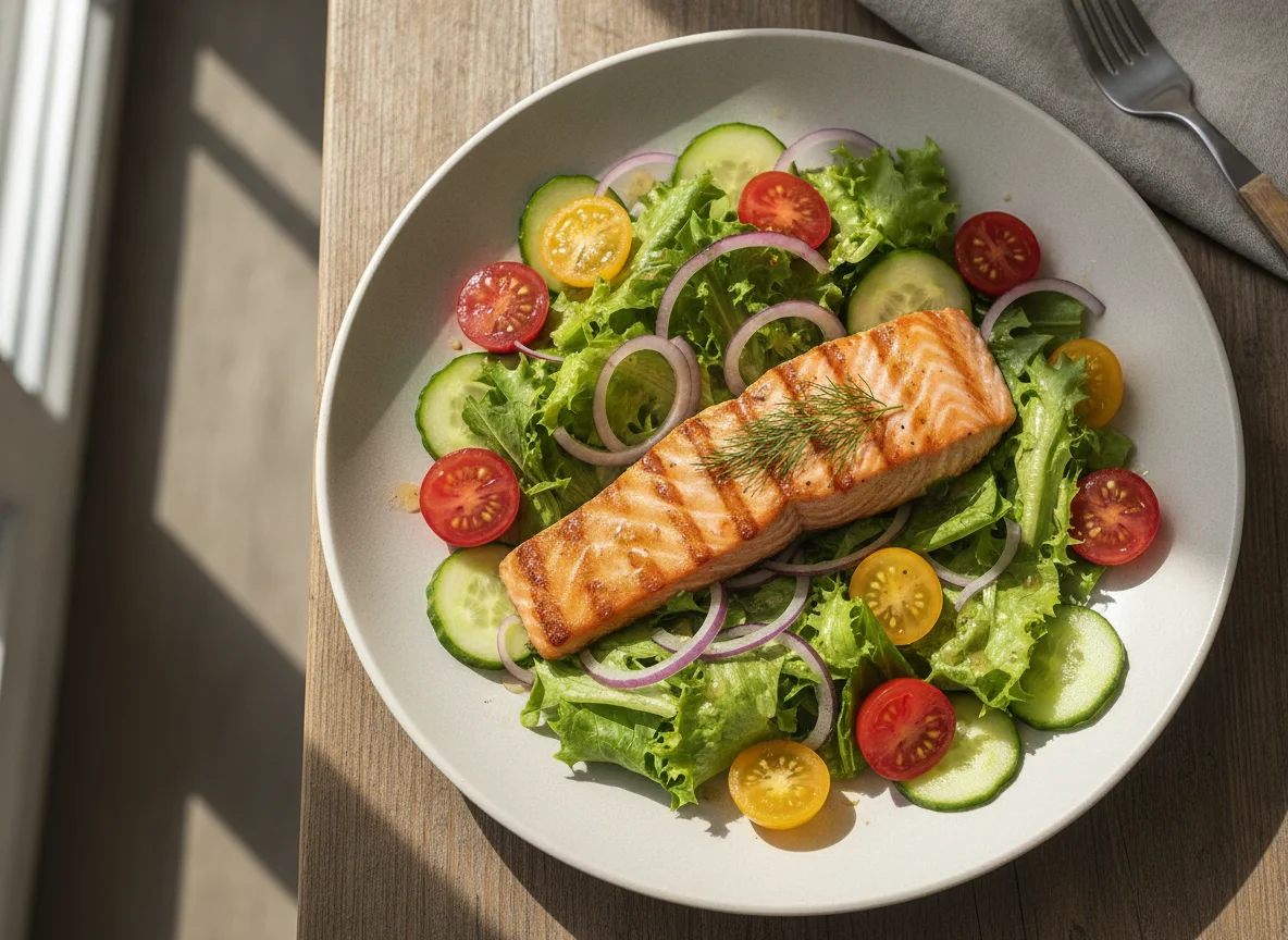 Gegrilltes Lachsfilet auf gemischtem Salat photo
