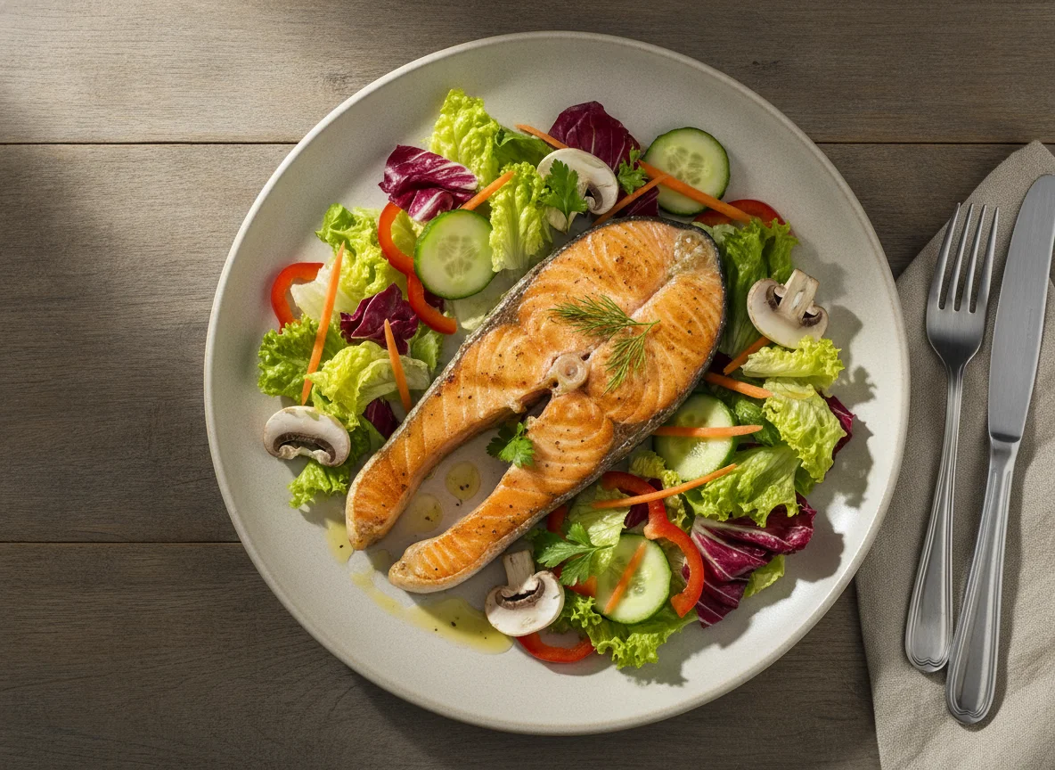 Gegrilltes Lachsfilet mit gemischtem Salat photo