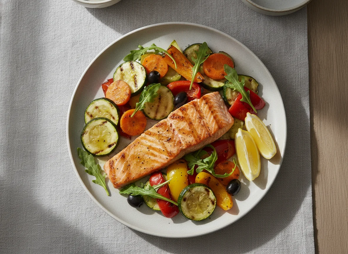 Gegrilltes Lachsfilet mit mediterranem Gemüse photo