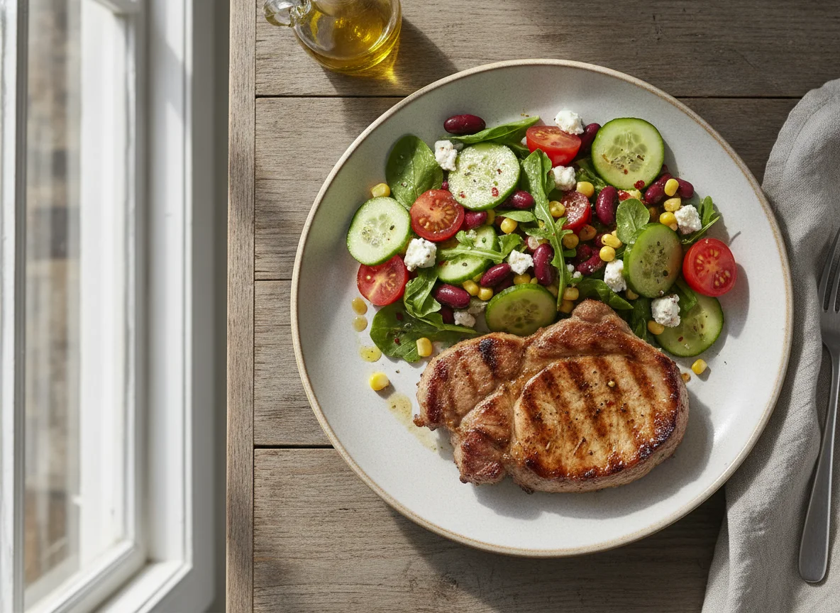 Gegrilltes Nackensteak mit gemischtem Salat photo