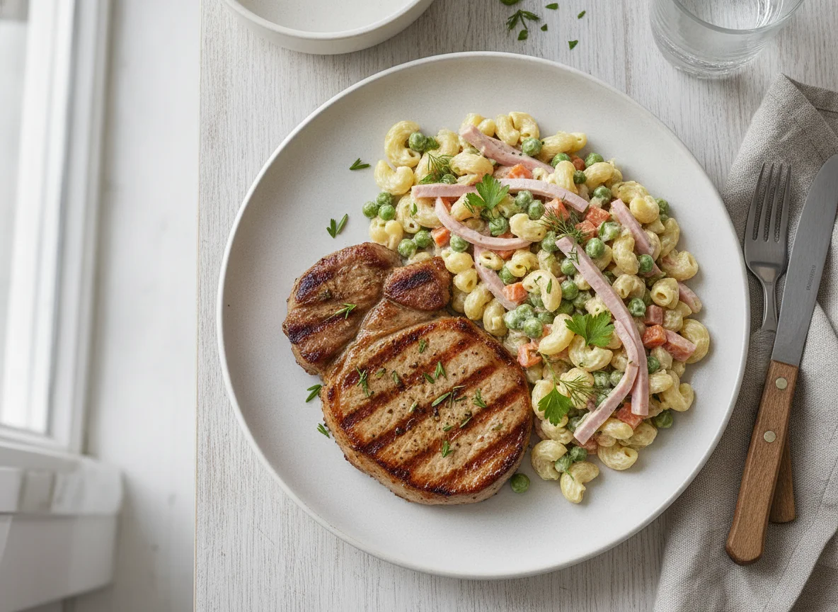 Gegrilltes Nackensteak mit Nudelsalat photo
