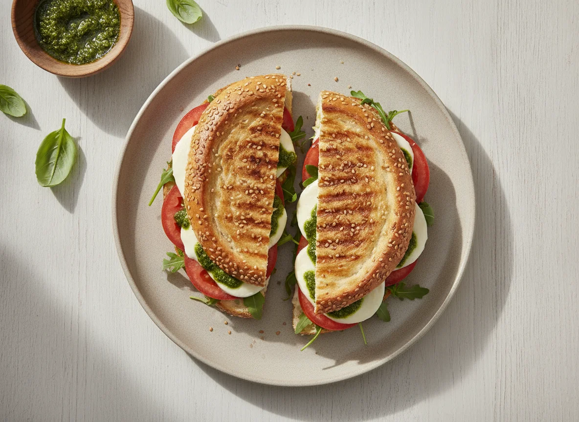 Gegrilltes Panini mit Mozzarella und Tomate photo
