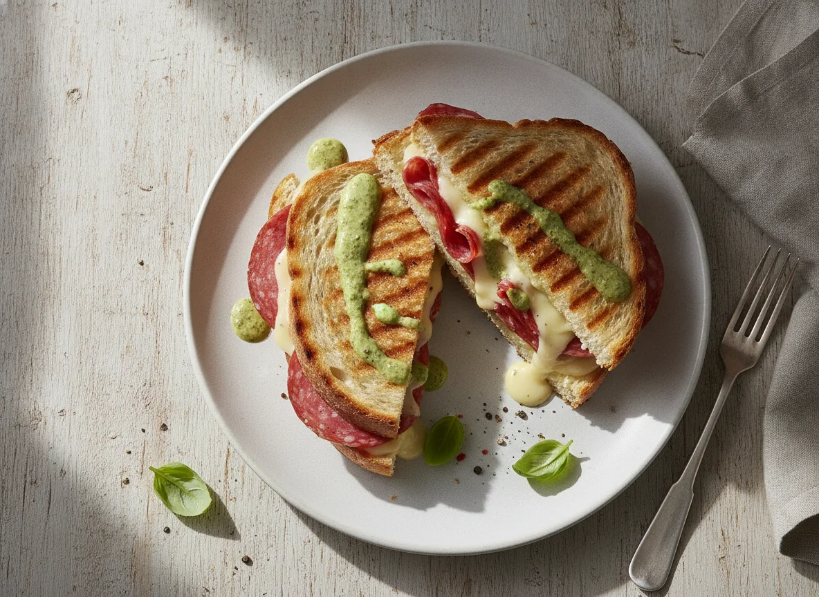 Gegrilltes Panini mit Salami und Käse photo