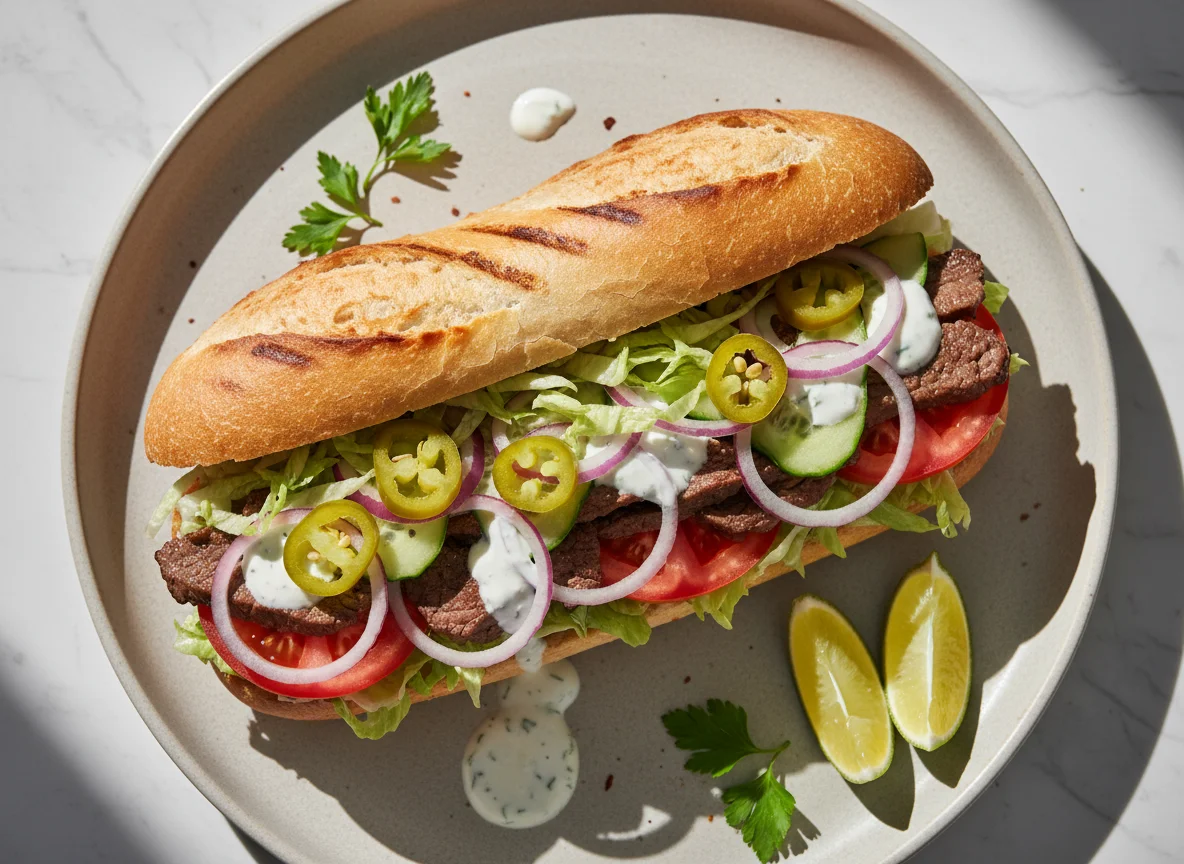 Gegrilltes Sandwich mit Fleisch und Gemüse photo