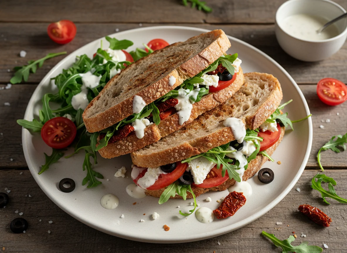 Gegrilltes Sandwich mit Salat und Feta photo