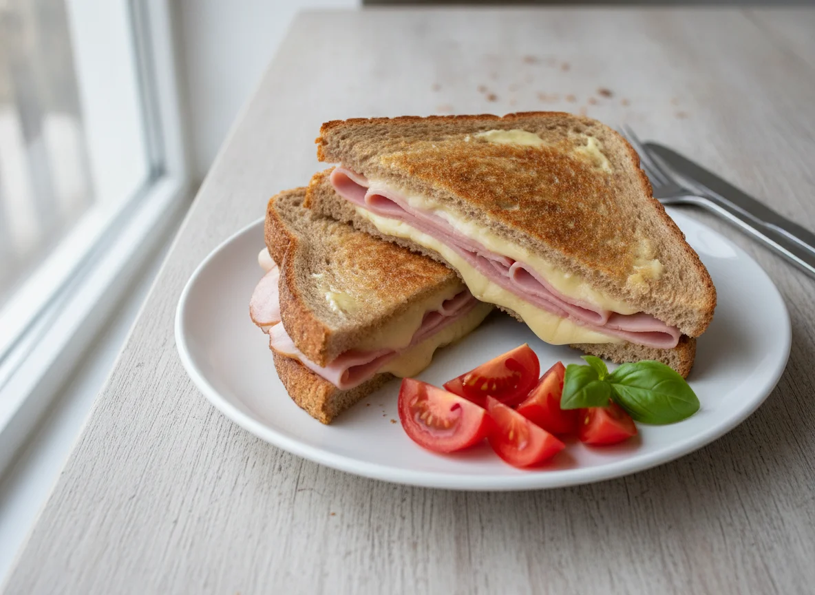 Gegrilltes Schinken-Käse-Sandwich mit Tomaten photo