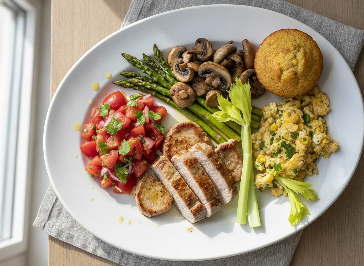 Gegrilltes Schweinefilet mit Spargel, Pilzen und Tomatensalsa photo