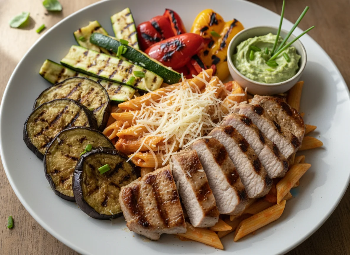 Gegrilltes Schweinefleisch mit Pasta, Gemüse und Dip photo