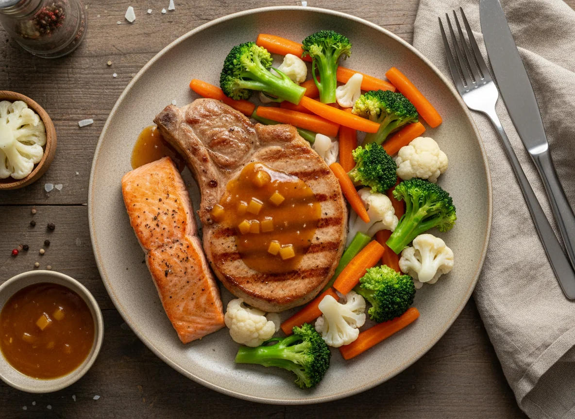 Gegrilltes Schweinekotelett mit Gemüse und Sauce photo
