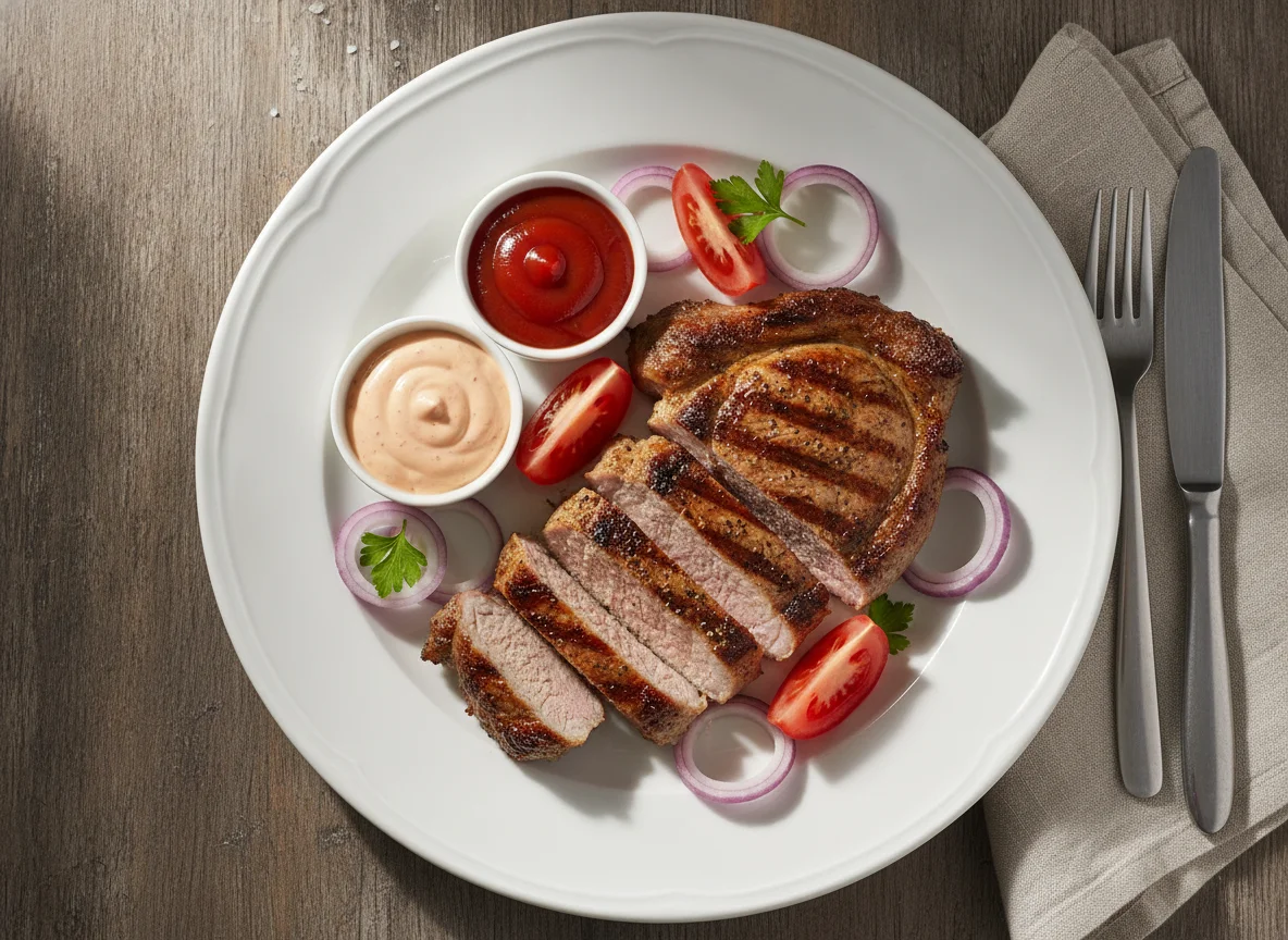 Gegrilltes Schweinenackensteak mit Beilagen photo