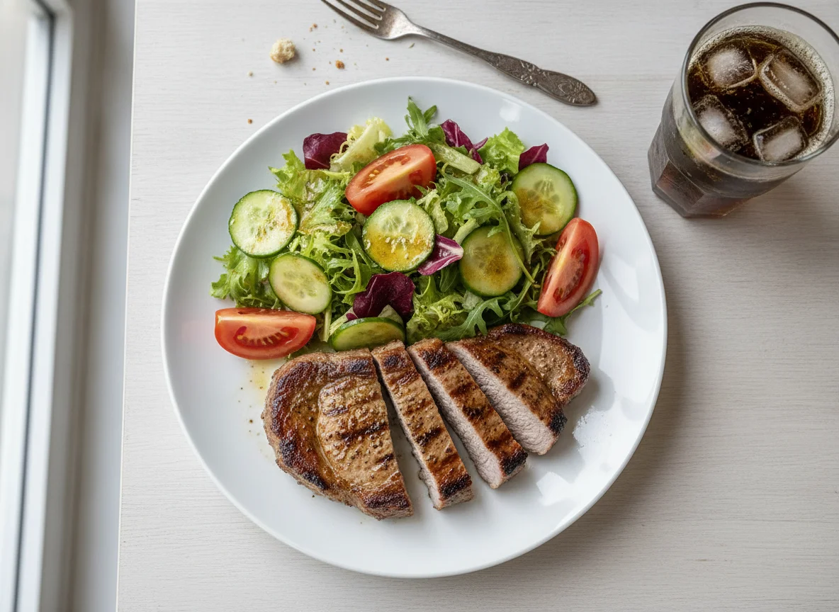 Gegrilltes Schweinenackensteak mit gemischtem Salat photo